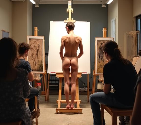 Live model figure drawing session with students at easels