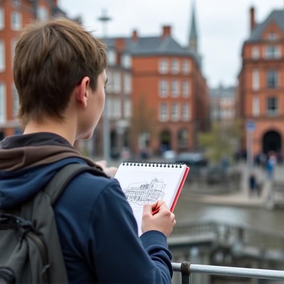 Student sketching Dublin architecture from observation outdoors